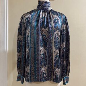 Gloria Vanderbilt Blue Multi Paisley High-Neck Blouse